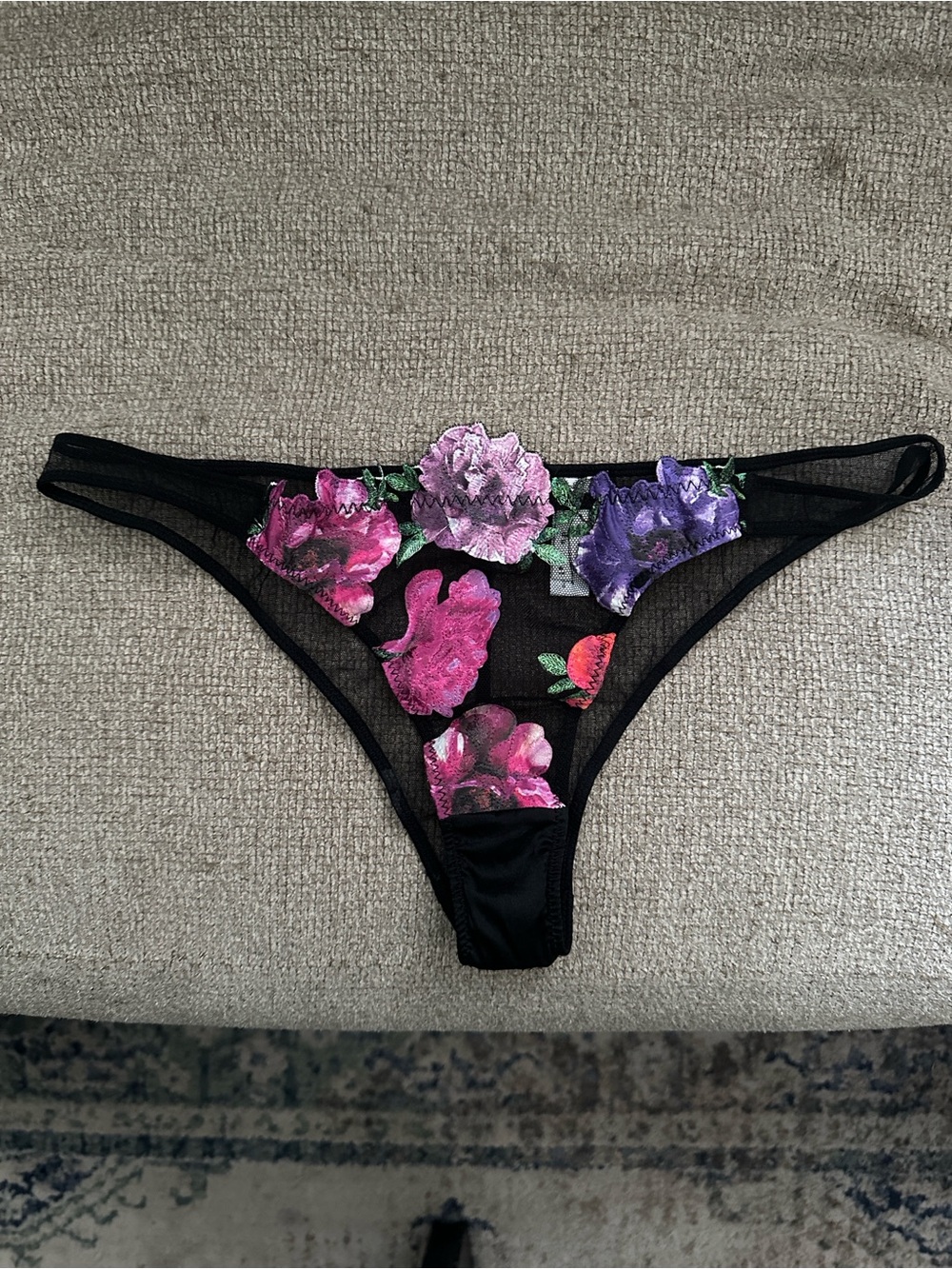 Fleur du Mal Black Floral Mesh Thong Panty
